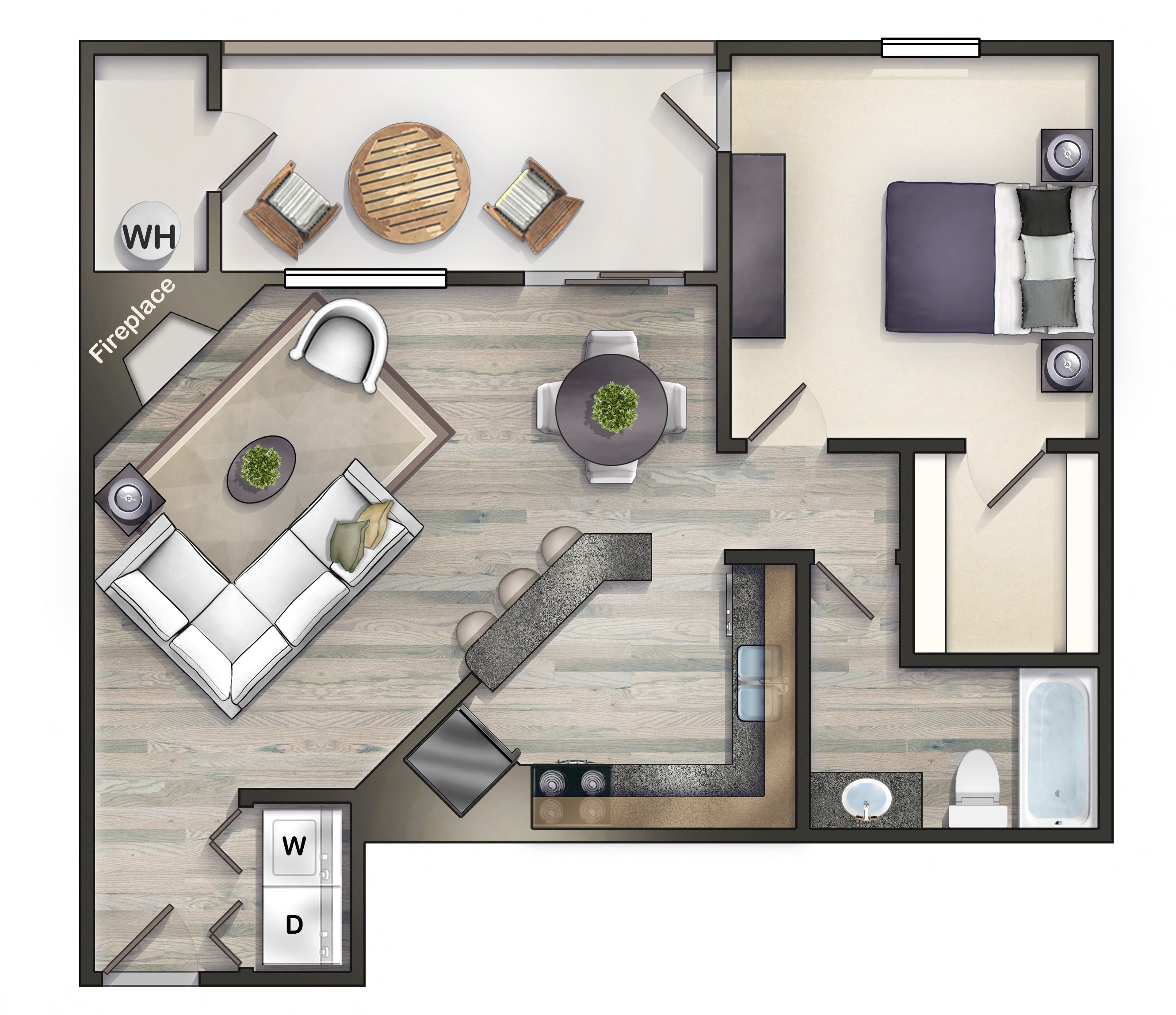 Floor plan for 1 bed, 1 bath, 700 sqft